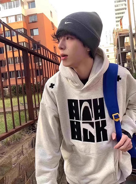 花灰色刺绣连帽卫衣男款秋冬季美式复古潮牌感重磅青少年外套宽松