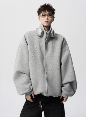 美式潮牌解构开衫卫衣男秋季不规则拼接立领外套高街休闲运动上衣