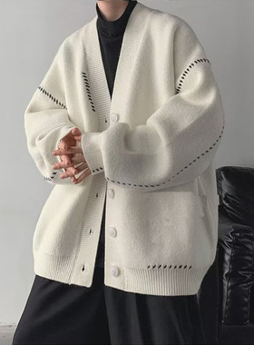 欧美开衫毛衣男秋季韩版潮流宽松v领针织衫美式设计感休闲毛线衣