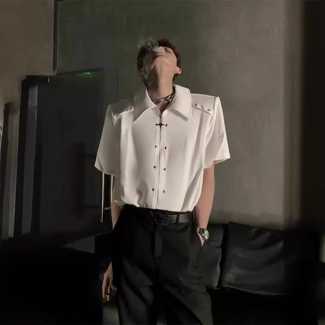 痞帅夏季小众金属高级感短袖衬衣