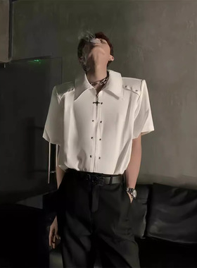 痞帅夏季小众金属解构设计感垫肩衬衫男女高级感宽松拉链短袖衬衣