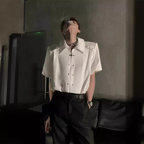 痞帅夏季小众金属高级感短袖衬衣