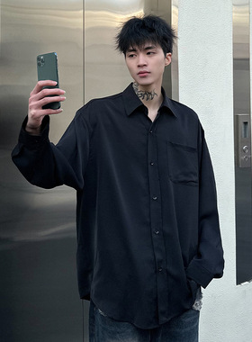 韩路男装垂感缎面长袖衬衫男同款春季新品纯色宽松日系衬休闲外套