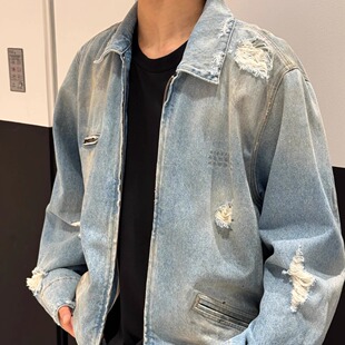 美式复古破洞脏染做旧牛仔翻领外套男女同款宽松休闲百搭夹克上衣
