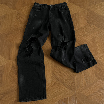 【年终清仓】巴黎24FW重工水洗黑色破坏直筒男女款牛仔裤长裤