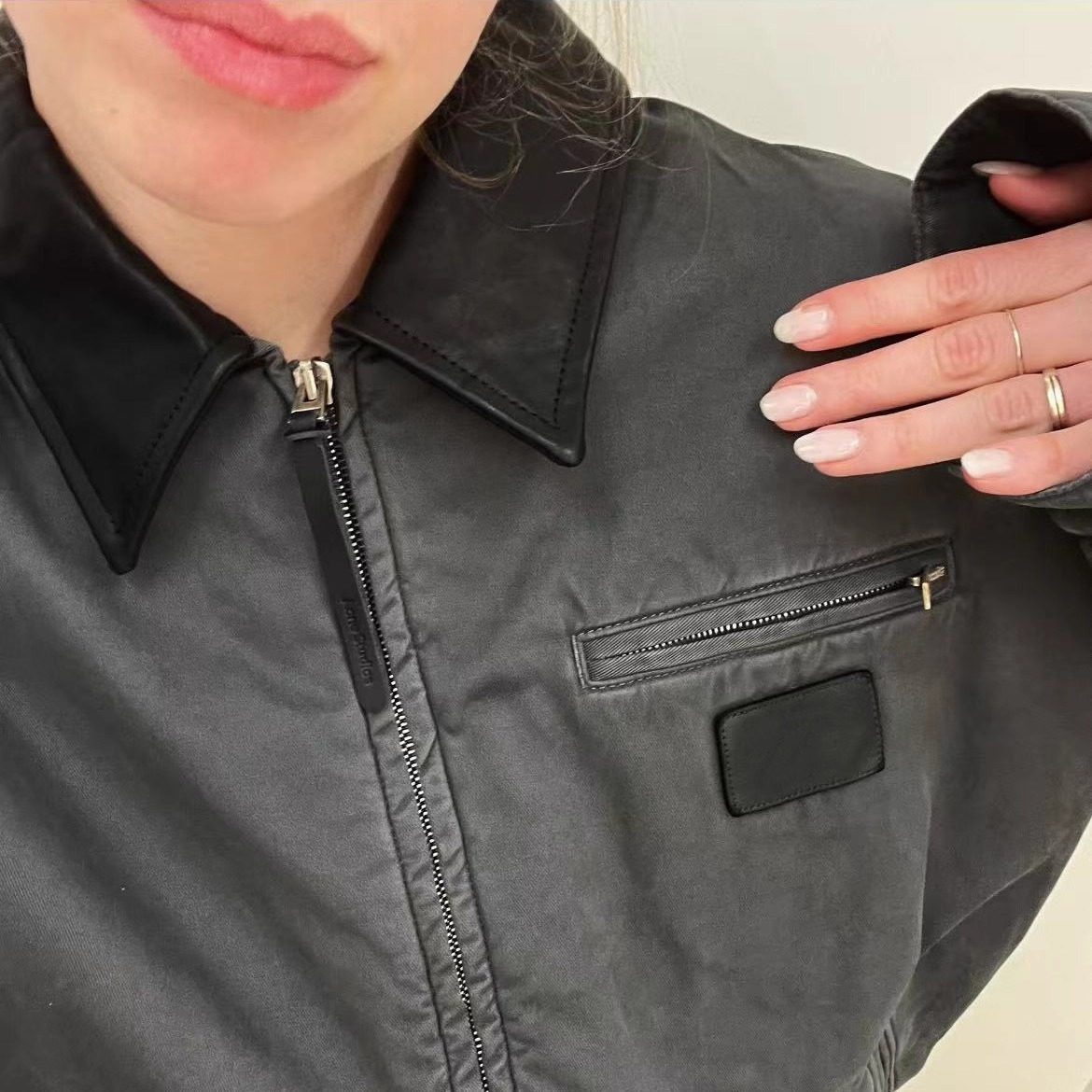 巴恩风水洗做旧飞行员拉链翻领宽松男女同款夹克时尚秋冬夹棉外套