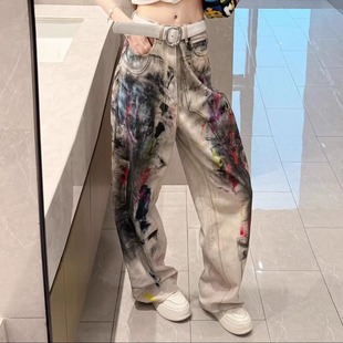 美式街头重磅喷墨彩绘油漆喷涂脏染白牛男女同款阔腿直筒牛仔长裤