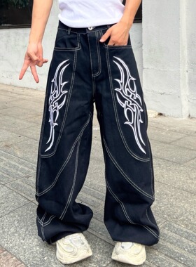 YIZILINGF 原创美式直筒刺绣牛仔裤裤男女小众宽松阔腿baggy风裤
