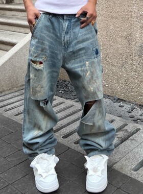 YIZILINGF 原创美式复古做旧补丁牛仔裤男女重工刀割泼墨破洞长裤