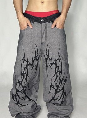 YIZILINGF 原创美式荆棘拼接阔腿牛仔裤子美式高街男女小众直筒裤