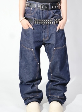 YIZILINGF 美式小众双腰假两条牛仔裤男女宽松深蓝色直筒长裤子潮