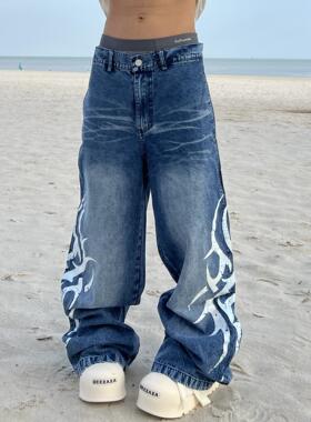 YIZILINGF原创国潮图腾大印花水洗宽松小众baggy牛仔裤男女阔腿裤