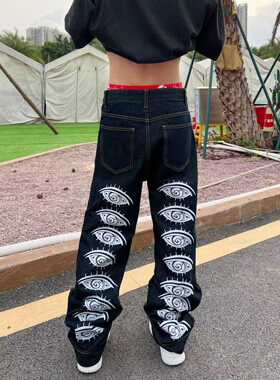 YIZILINGF 原创设计欧美嘻哈街头牛仔长裤男女小众眼睛宽松裤子潮