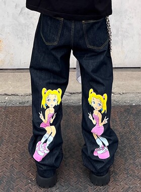 YIZILINGF 欧美街头卡通人物印花牛仔裤子美式高街男女小众长裤潮
