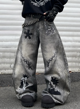 YIZILINGF 原创小众脏染3D印花长裤男女个性弯刀阔形baggy牛仔裤