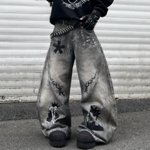 弯刀阔形baggy牛仔裤 男女个性 原创小众脏染3D印花长裤 YIZILINGF