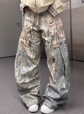 YIZILINGF 个性蕾丝珍珠链条3印花牛仔裤男女百搭修身显瘦弯刀裤