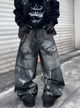 YIZILINGF 小众3D印花轻亚牛仔裤男女个性亚文化弯刀廓形baggy裤