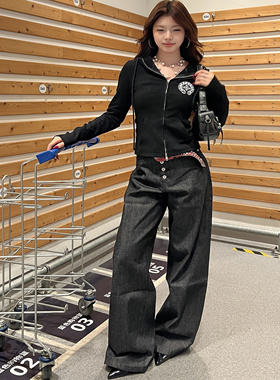 YIZILINGF 美式小众赤耳原牛牛仔裤男女弯刀立体宽松Baggy长裤子