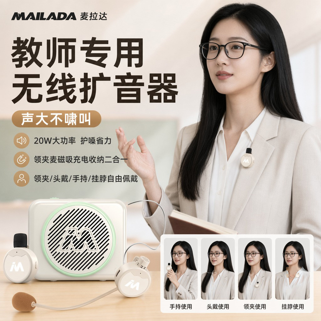 麦拉达A8无线扩音器老师喊话教学宣传讲课领夹大音量话筒蓝牙音响