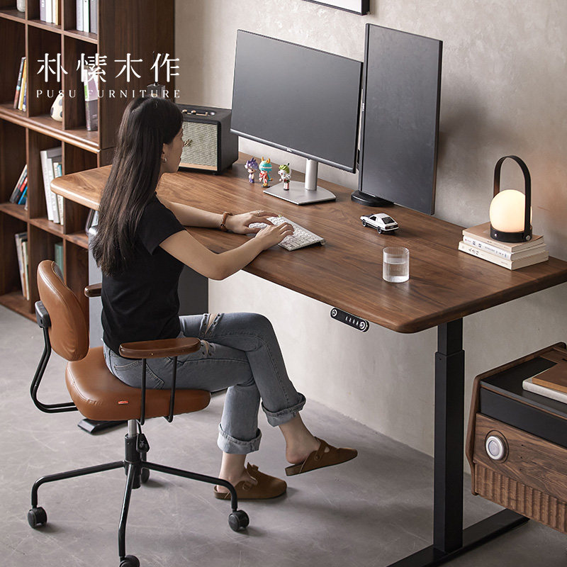 朴愫木作/实木电动升降书桌智能办公桌电脑桌黑胡桃工作台学习桌