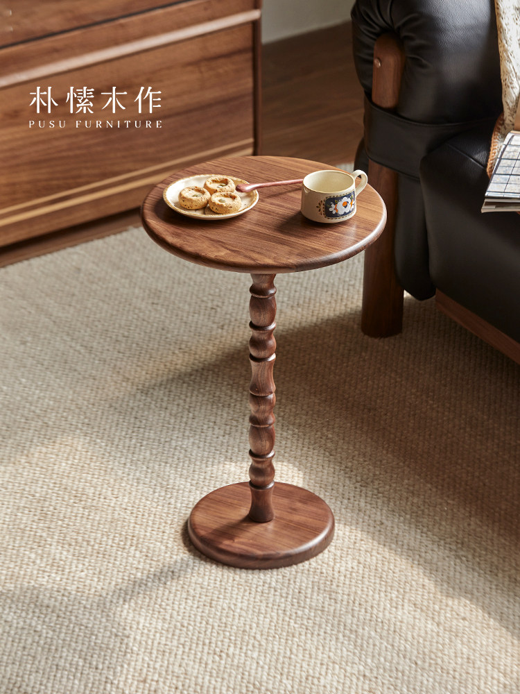 朴里木制作北美黑胡桃实木中世纪小咖啡桌圆桌床头柜边桌沙发客厅