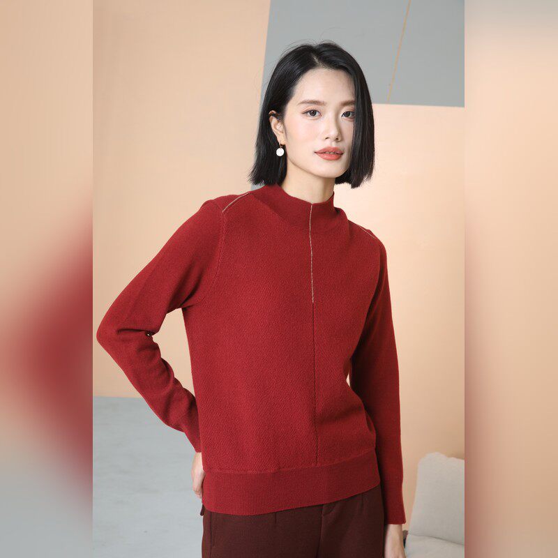 100%羊毛半高领细闪钻条毛衣女秋冬简约纯色款式单穿内搭上衣