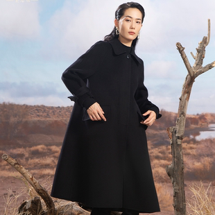 高端双面羊毛呢大衣黑色中长款 过膝大口袋外套品牌女装 秋冬季 新款