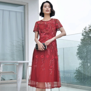 盈达暗红色连衣裙春夏新品婚宴红色喜庆妈妈装中长裙品牌女装