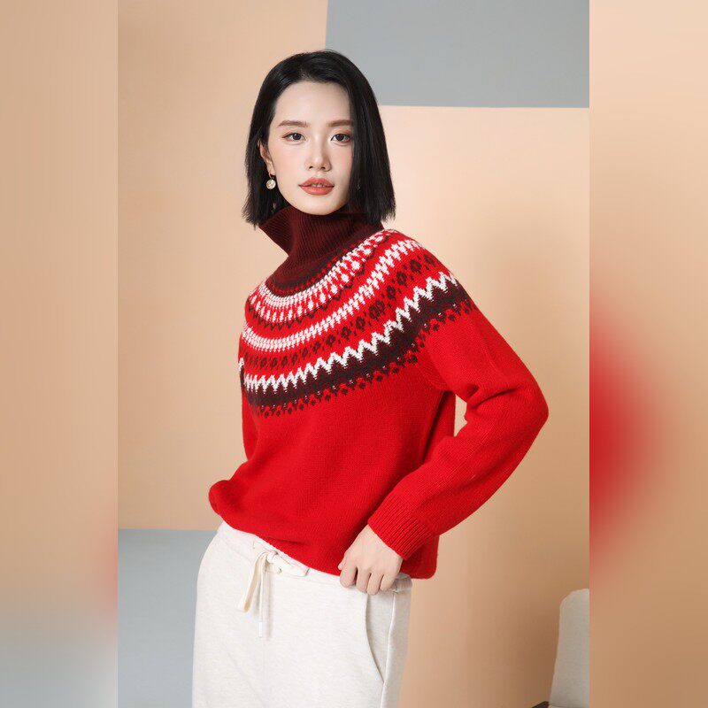 红色费尔岛提花高领毛衣女秋冬 复古民族风宽松厚款套头羊毛上衣