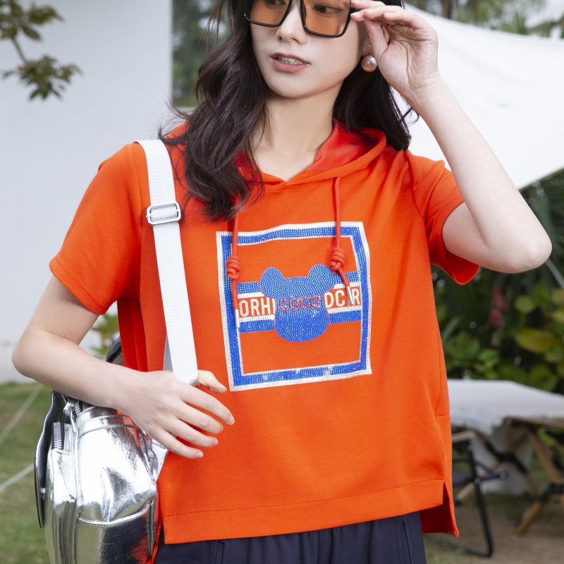 盈达休闲运动套装连帽短袖橙色T恤夏季宽松大尺码卫衣