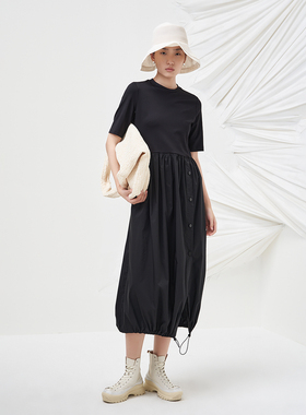 MAO MART原创｜春秋中长款显瘦时尚黑色拼梭织抽褶连衣裙