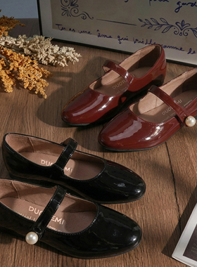 duoremi女童26SS19小皮鞋新款软底尖头公主鞋圆头珍珠魔术贴单鞋