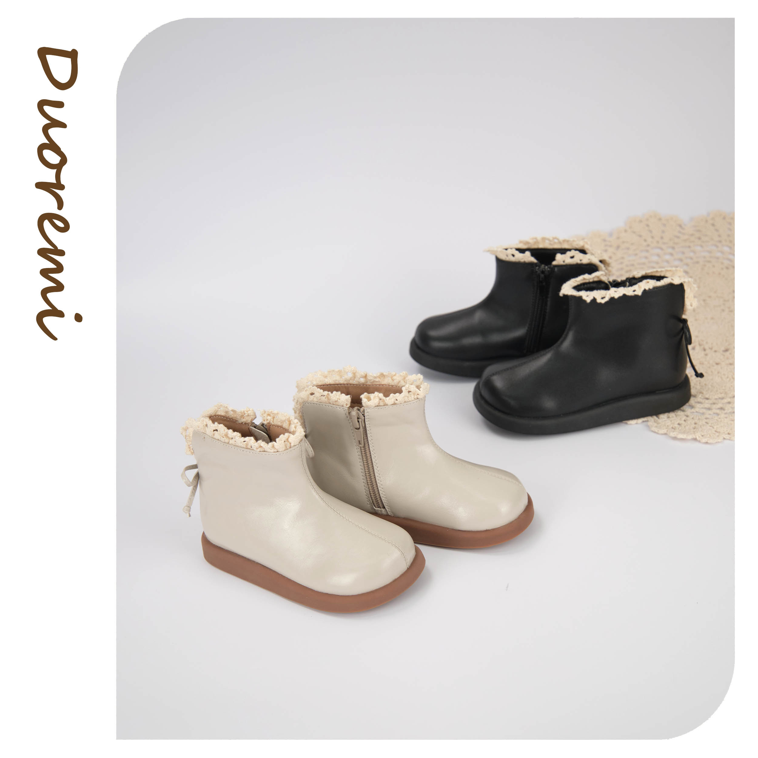 Duoremi新款BR2482女童蕾丝花边小短靴侧拉链舒适软底公主鞋棉靴