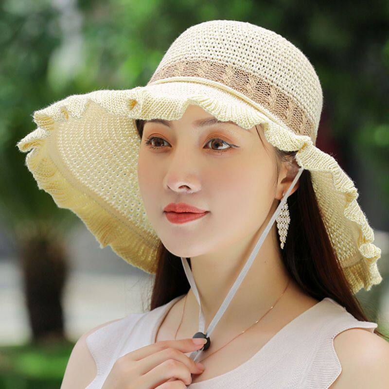 棉麻可折叠帽子女夏遮阳防晒太阳帽子女士中老年大檐沙滩凉帽盆帽