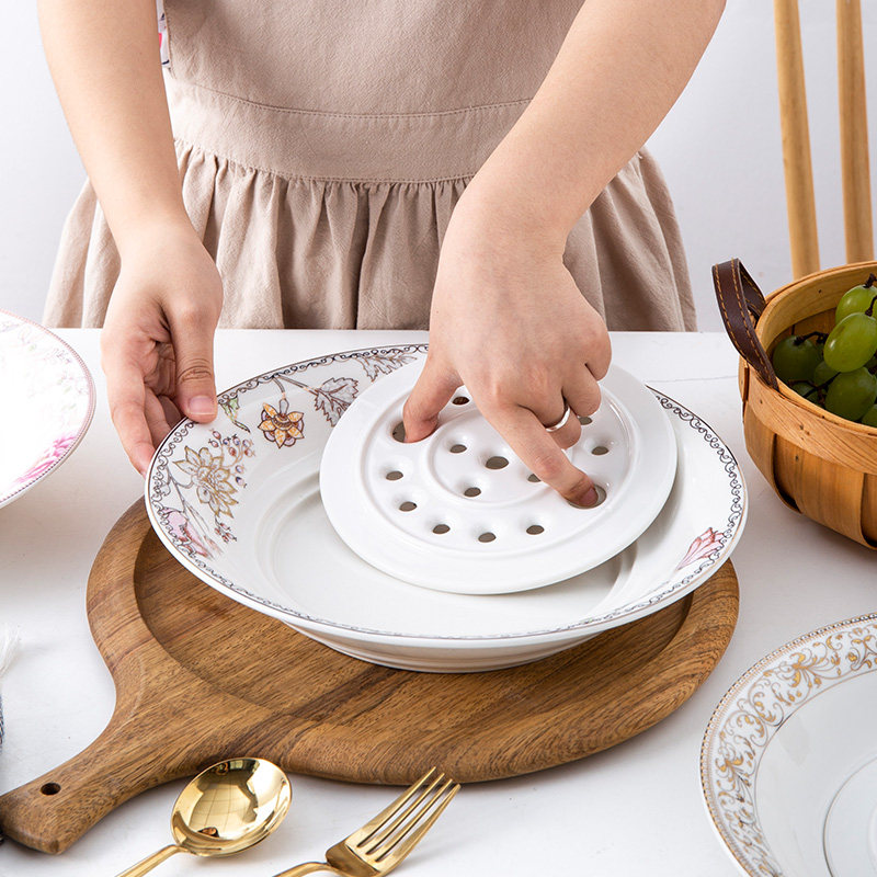 饺子盘家用沥水双层盘陶瓷餐具网红创意餐饮具中式大号饺子专用盘