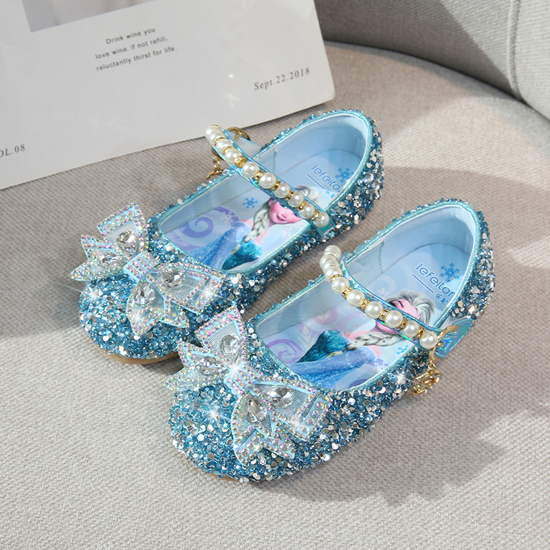 圆头软底儿童水钻爱莎公主鞋