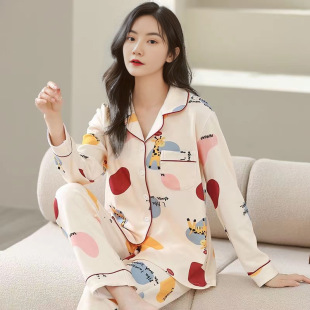 100%纯棉睡衣女长袖 空调服家居服可外穿 印花套装 休闲宽松春秋薄款