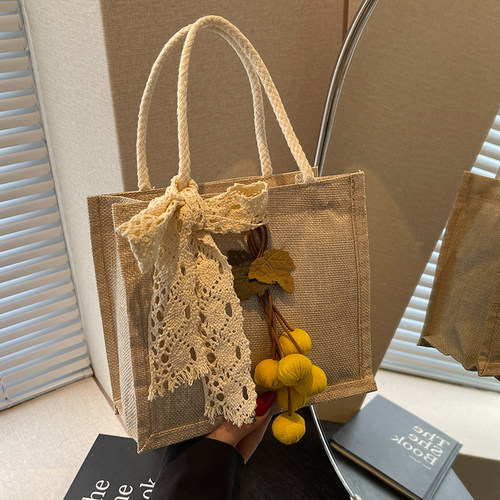 网红ins时尚外出亚麻手提袋子