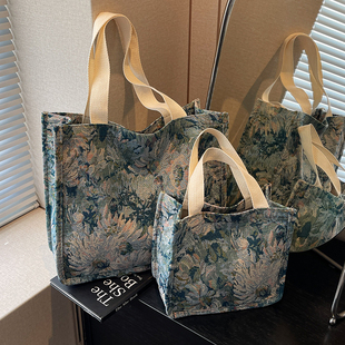 楠小姐复古森系油画手提单肩帆布包包2025新款 ins慵懒风托特包女