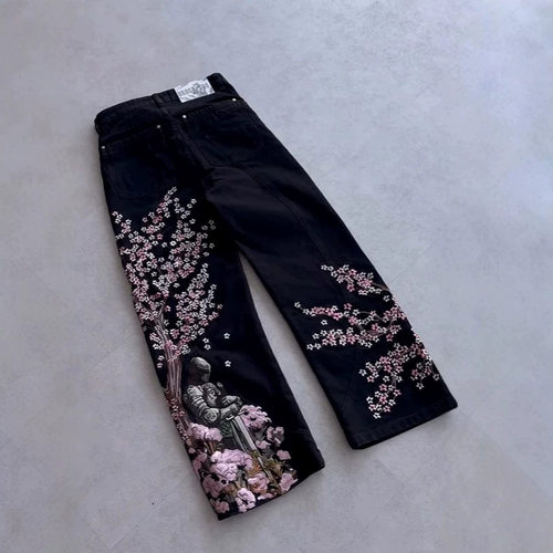 Vescartes Blossom denim 黑色骑士刺绣牛仔裤直筒宽松长裤绣花裤