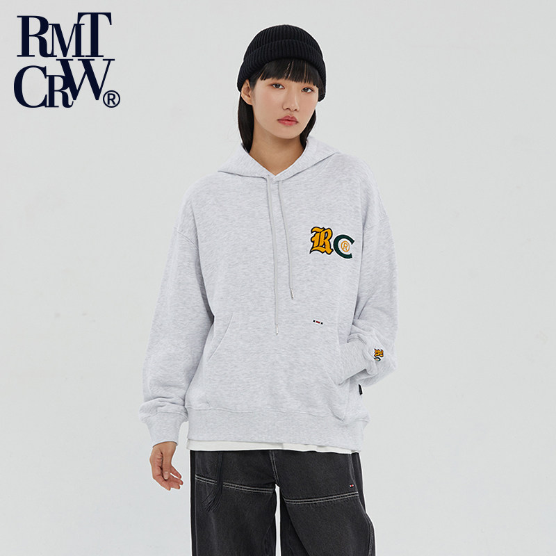 RomanticCrown秋冬新款彩色标志刺绣连帽卫衣纯色大口袋套头长袖