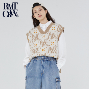 菱形花纹logo针织马甲落肩款 新款 V领百搭背心 春季 RomanticCrown