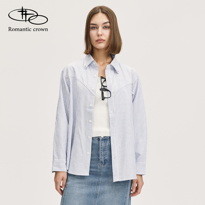 RomanticCrown24秋冬新款通勤条纹衬衫休闲宽松设计感男女同款