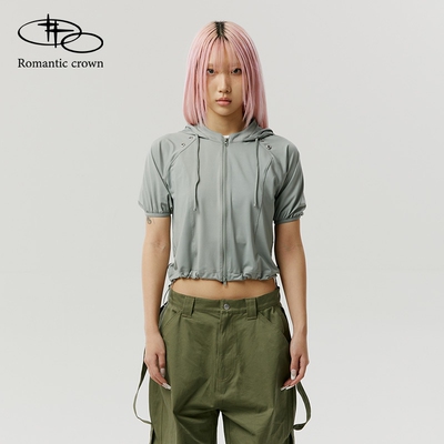 RomanticCrown春季新款连帽针织夹克轻盈露脐收腰款上衣外套韩版