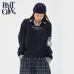 ROMANTICCROWN春季新款纯色长袖RC社群格子开领POLO衫男女同款