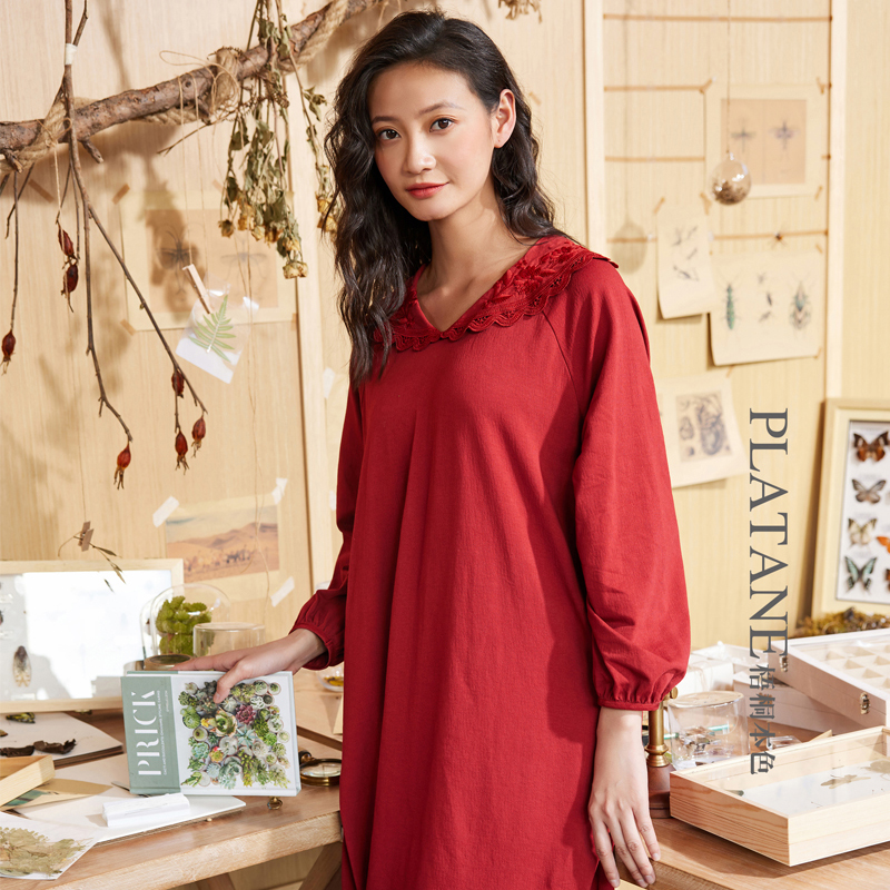 梧桐本色知暖系列长袖睡裙纯色可外穿女士春秋睡衣家居服WJ21215