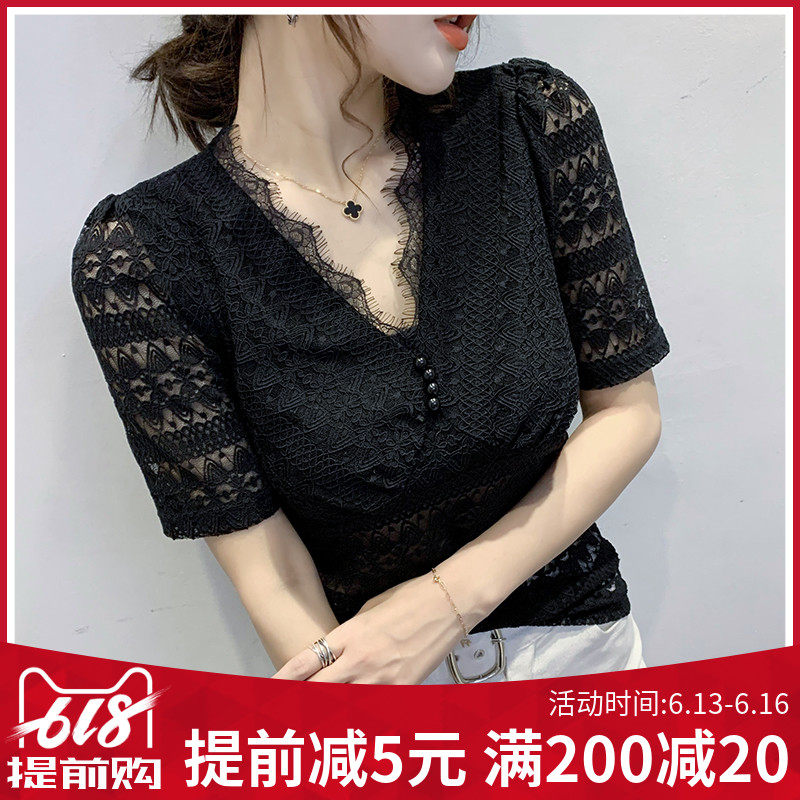 2020新款欧货性感V领蕾丝花边短袖夏洋气上衣修身显瘦镂空小衫潮