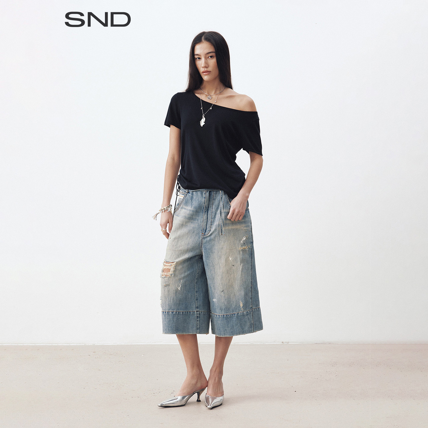 SNDSS26做旧水洗七分裤女款图片