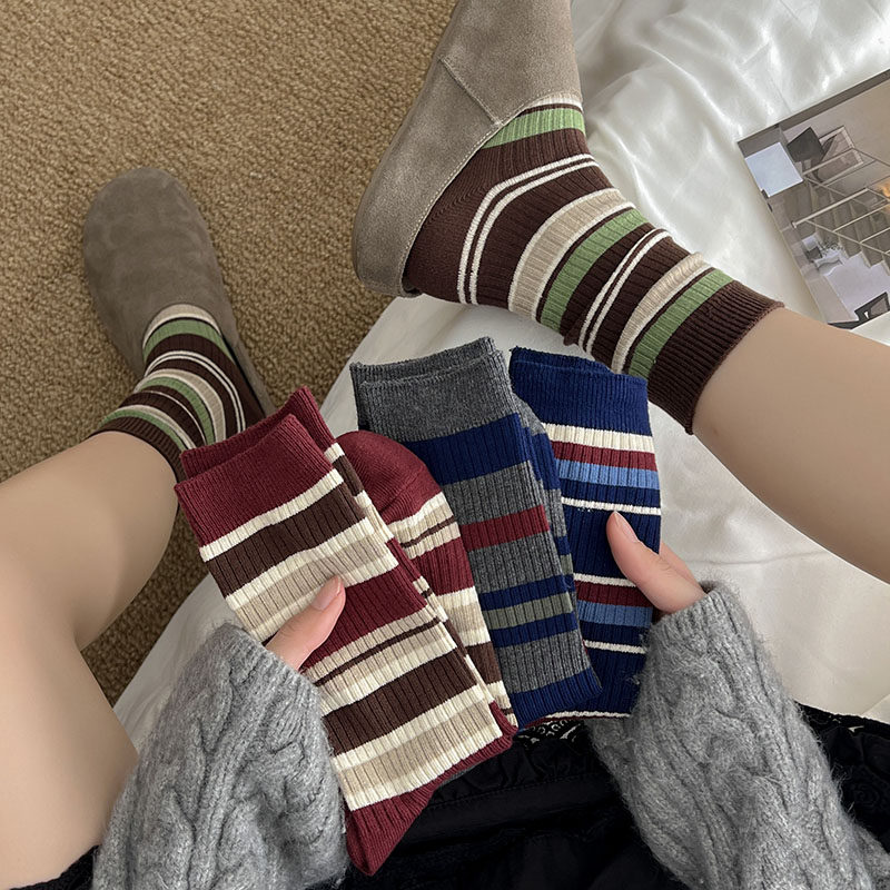 撞色条纹袜子女春秋纯棉中筒袜ins潮复古日系网红堆堆袜秋冬长袜,运动包/户外包/配件,运动袜,淘宝优惠券,粉丝福利购,淘宝优惠卷